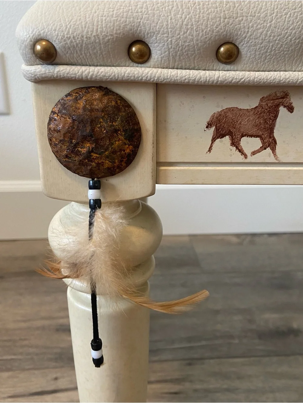 Rustic Western Vanity Stool Cowhide Leather Fringe Horse Accent Country Ottoman